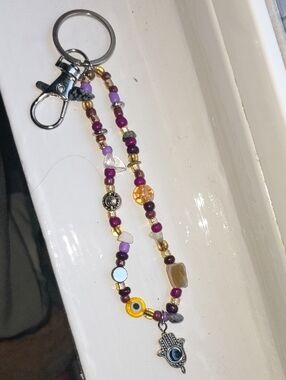 Beaded Hamsa Evil Eye Charm Keychain with Purple & Gold Beads